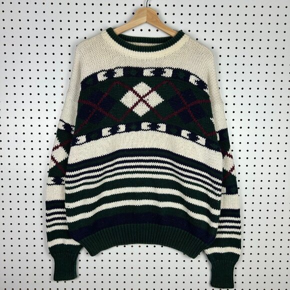 Structure Striped Chunky Knit Sweater Medium Golf Preppy Grandpa 90s Cable Vtg - Picture 2 of 6